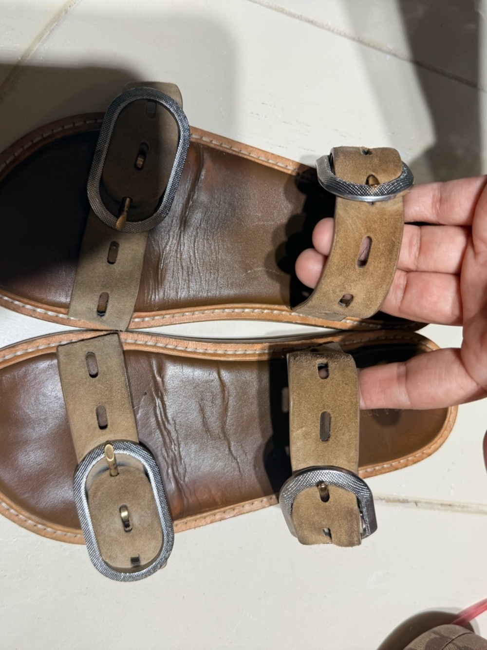 rag & bone womans Tan Suede Double-Buckle Slide Sandals